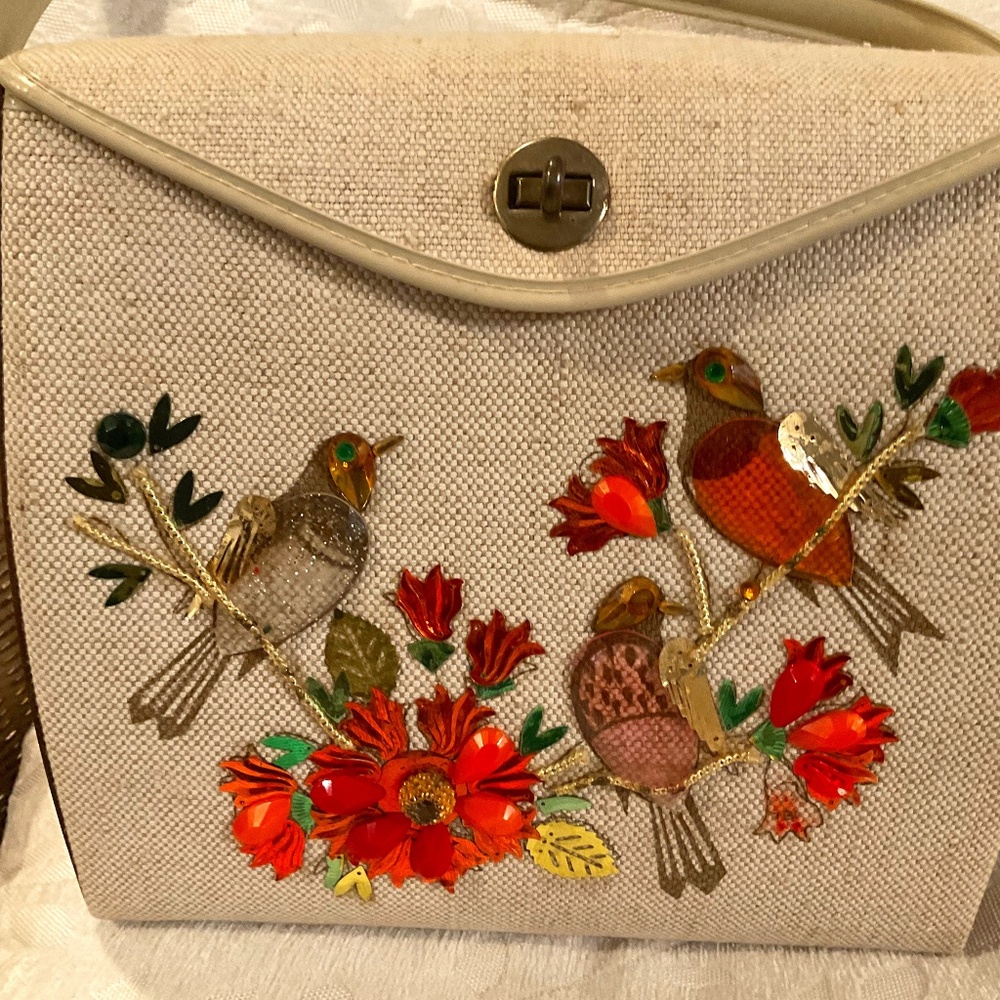 VINTAGE 1960s Bejeweled Box Bird Flower Canvas Handbag